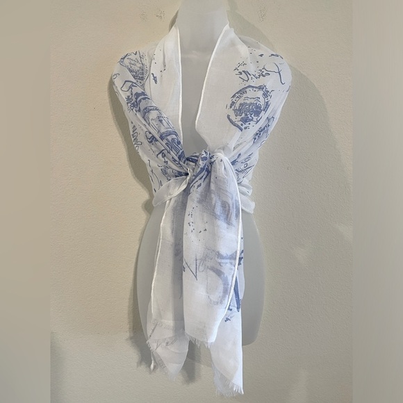 Women’s Scarf One Size White Blue Cotton Italy With Love Novelty Print - Picture 4 of 10